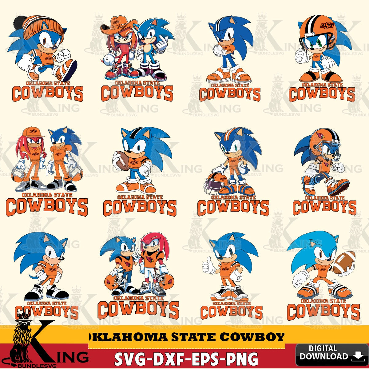 Ultimate set containing Oklahoma State Cowboys Sonic & Knuckles NCAA Football Bundle SVG PNG files perfect for Cricut and
