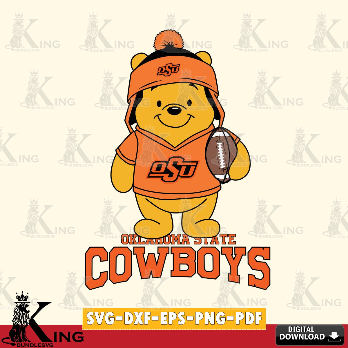 Modern graphic depicting Oklahoma State Cowboys Winnie the Pooh player football, printable vector design for sublimation and
