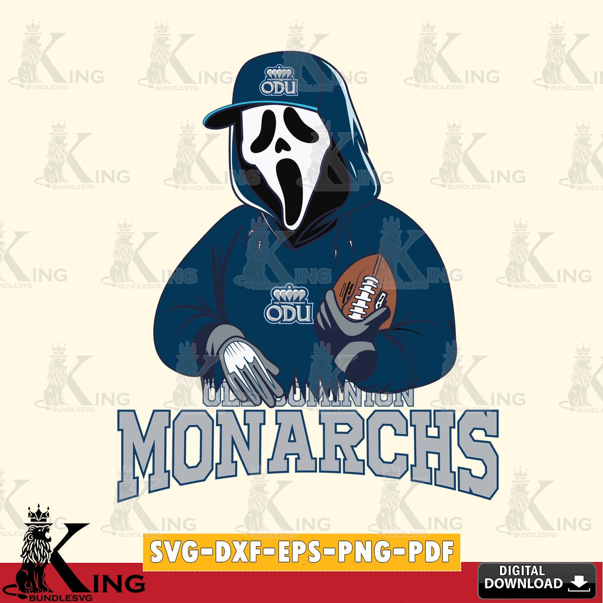 Hand-drawn style art of Old Dominion Monarchs Ghostface Scream football player, a digital download for Cricut Maker and paper