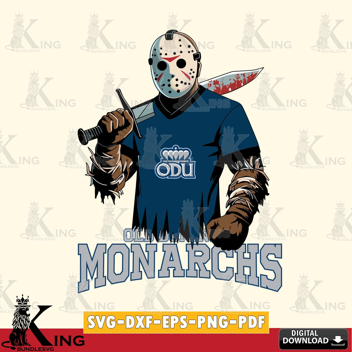 Detailed illustration of Old Dominion Monarchs Jason Voorhees football, NCAA, cut file ideal for vinyl projects and T-shirt
