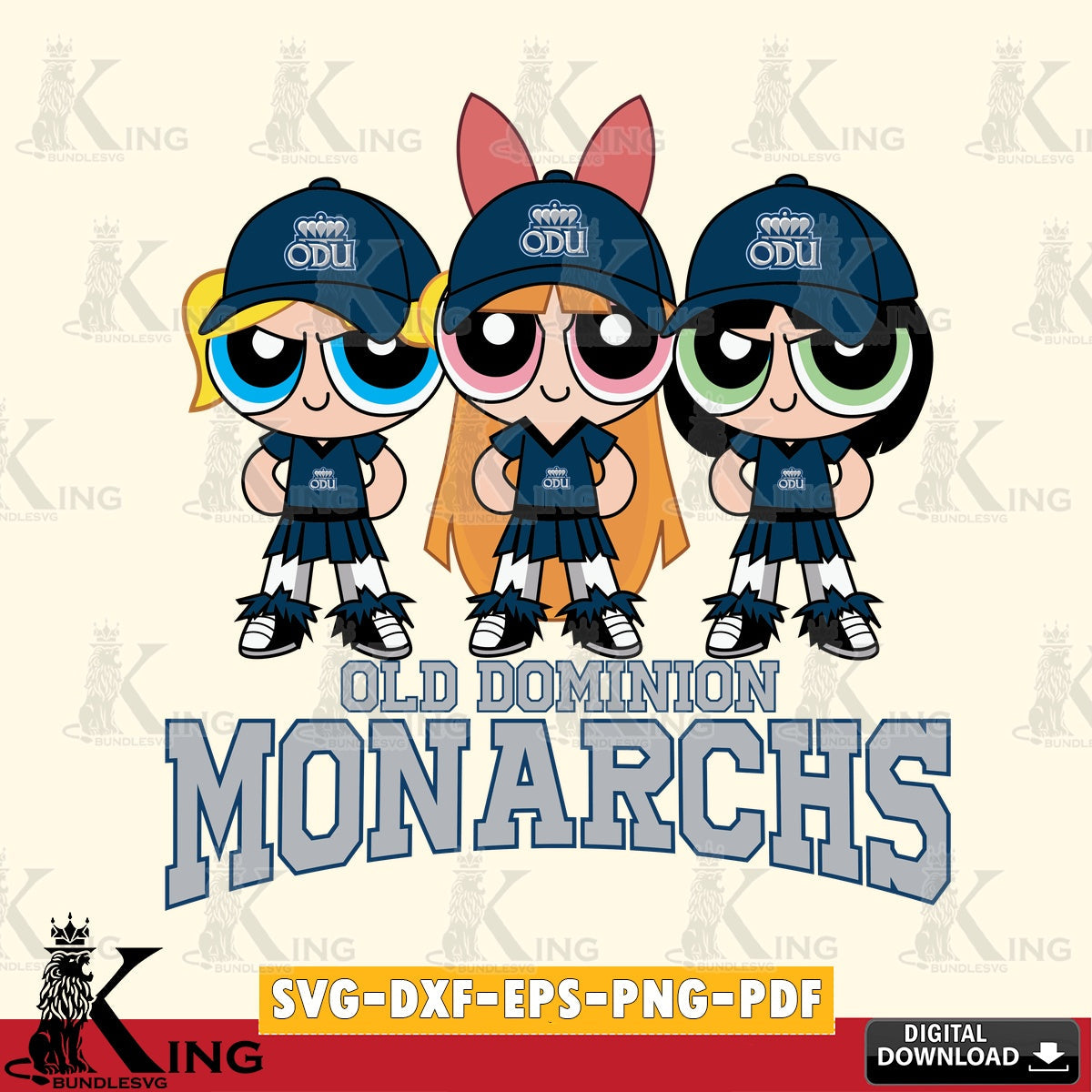 Artistic drawing of Old Dominion Monarchs PowerPuff Girls Football, cut file ideal for vinyl projects and T-shirt printing