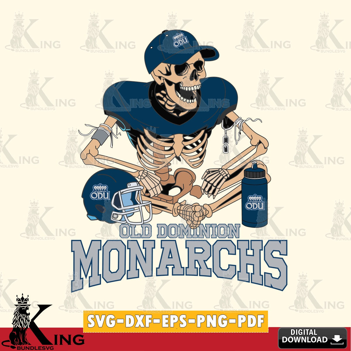 Modern graphic depicting an Old Dominion Monarchs skeleton football player, digital clipart compatible with laser engraving and