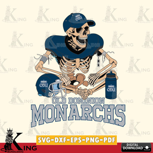 Modern graphic depicting an Old Dominion Monarchs skeleton football player, digital clipart compatible with laser engraving and