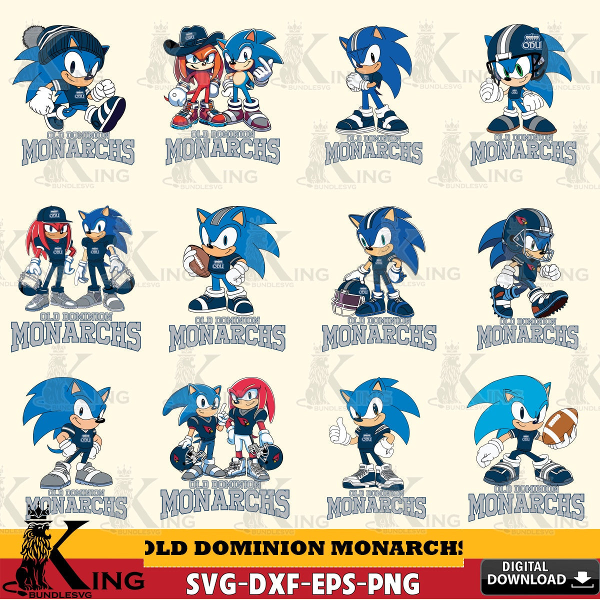 Mega bundle containing Old Dominion Monarchs Sonic & Knuckles NCAA Football SVG PNG files perfect for Cricut and Silhouette