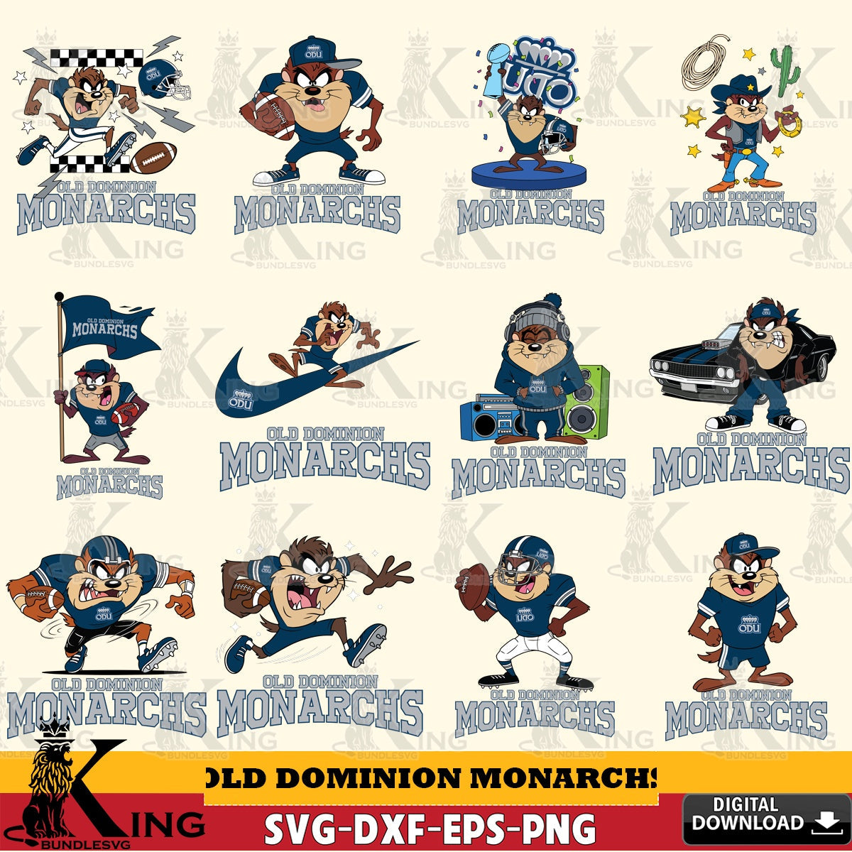 Old Dominion Monarchs Taz Football NCAA Bundle SVG file, Cut file  , Digital Download , Instant Download, Taz svg, NCAA svg