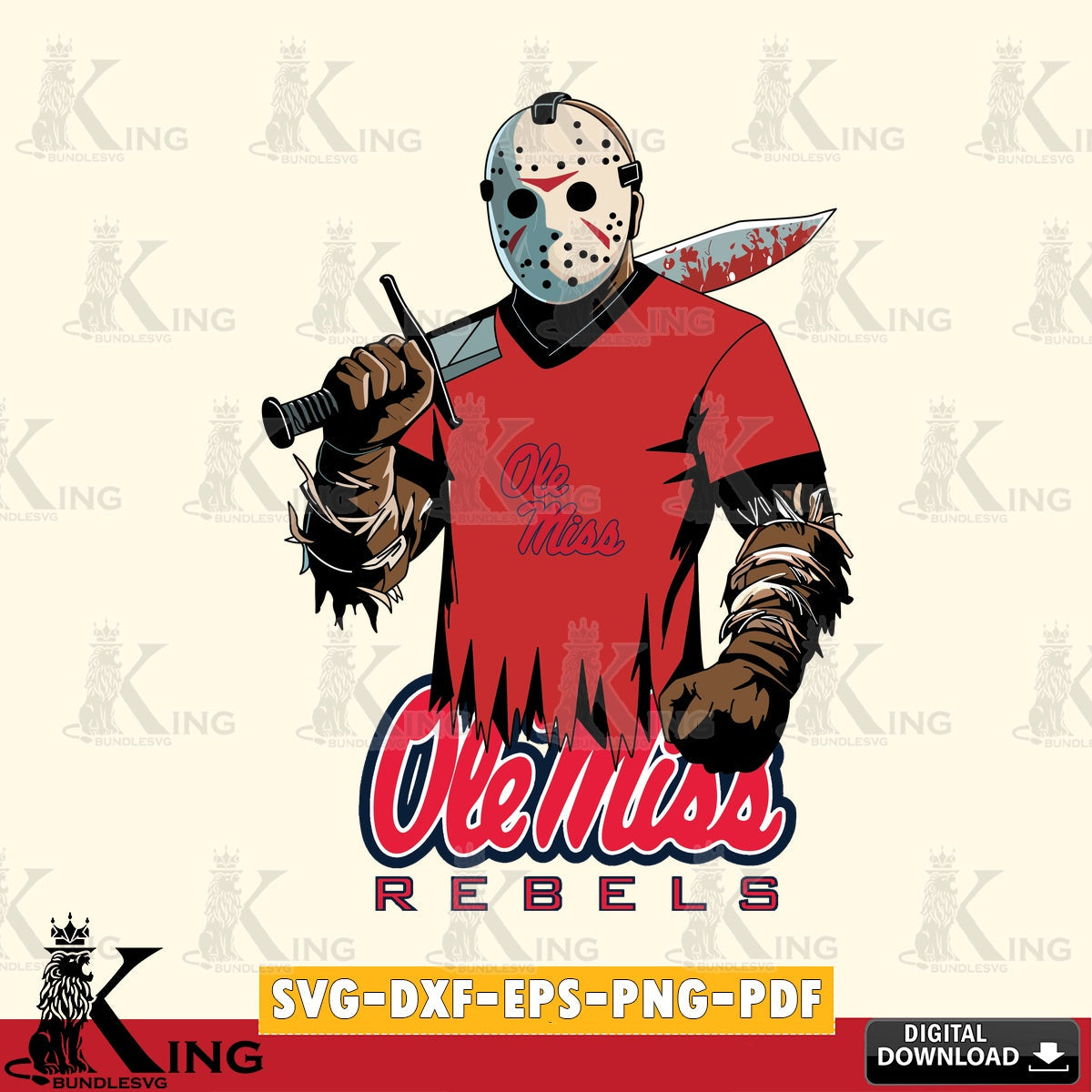 Artistic drawing of Ole Miss Rebels Jason Voorhees Football, crafting file for iron-on transfer and vinyl decals
