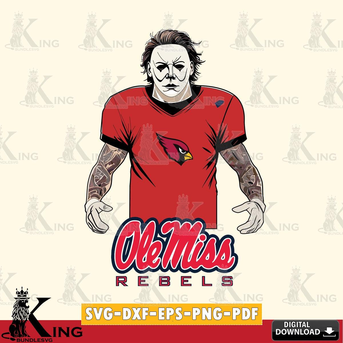 Custom design featuring Ole Miss Rebels Michael Myers tattoo football NCAA design, SVG PNG design suitable for Glowforge and