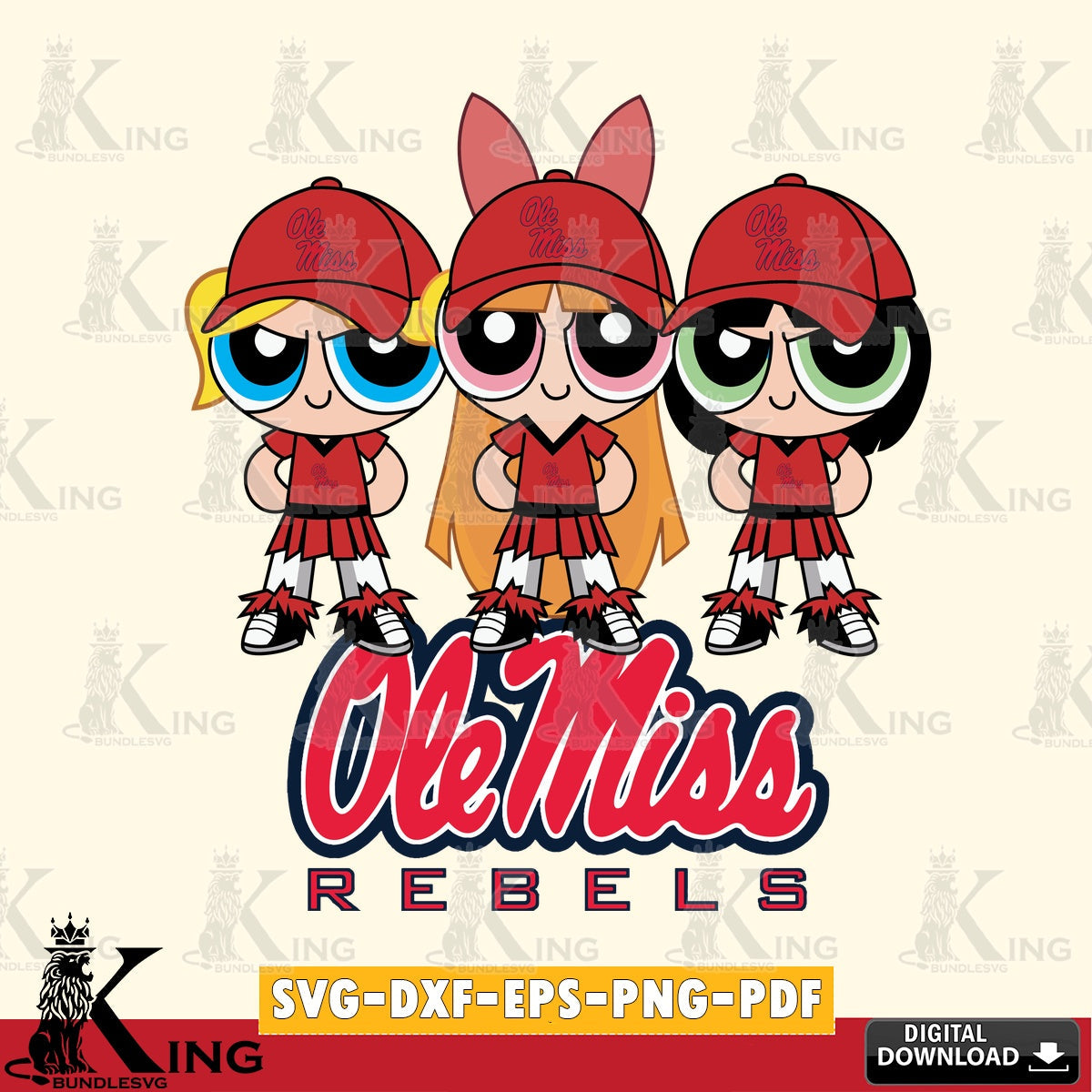 Digital download featuring Ole Miss Rebels PowerPuff Girls football, a cut file ideal for vinyl projects and T-shirt printing.