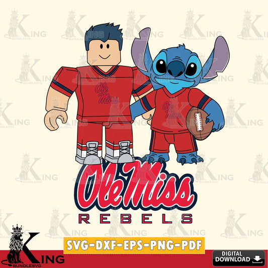 Modern graphic depicting Ole Miss Rebels Roblox Stitch Football, NCAA Cricut, printable vector design for sublimation and crafts