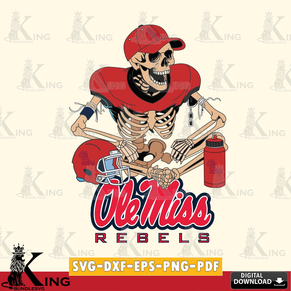 Digital clipart of Ole Miss Rebels skeleton football player, NCAA vector art for engraving, cutting, and printing