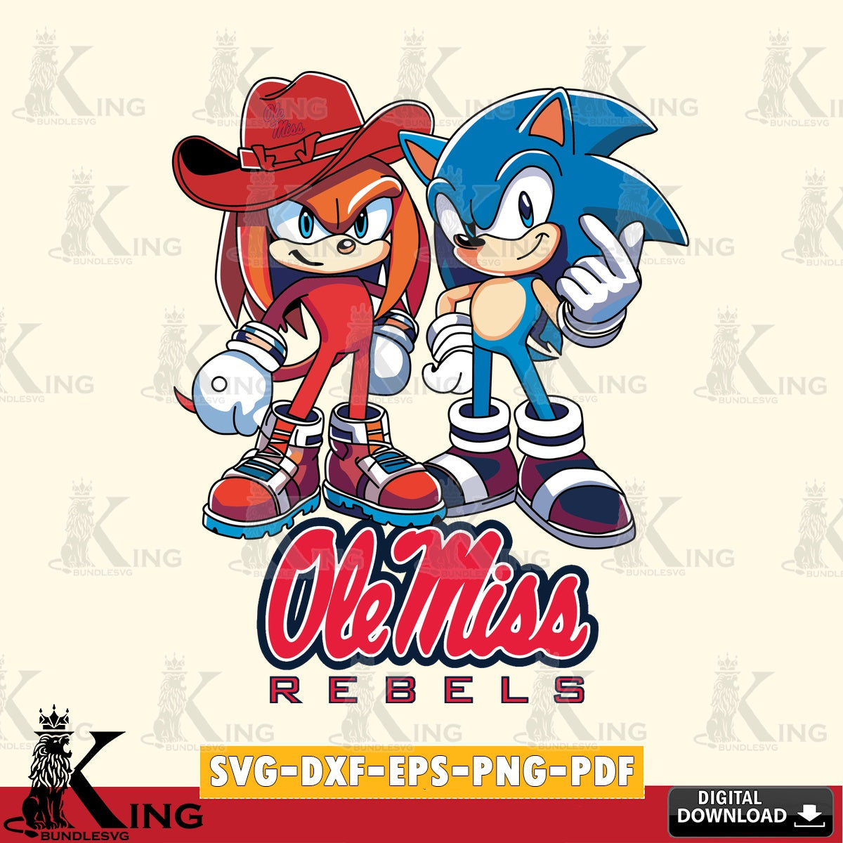 Artistic drawing of Ole Miss Rebels Sonic & Knuckles football mascot SVG PNG files perfect for Cricut and Silhouette cutting