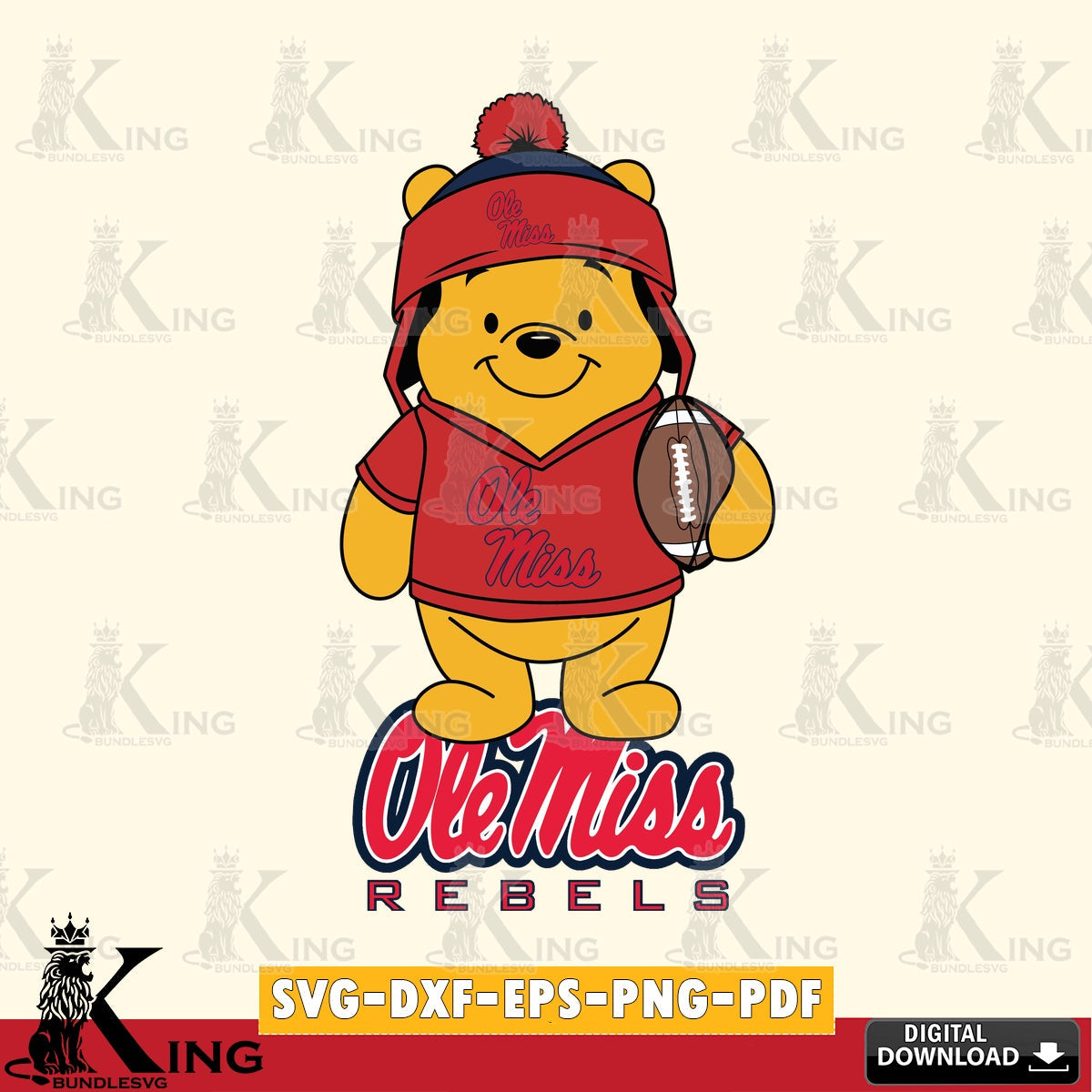 Hand-drawn style art of Ole Miss Rebels Winnie the Pooh football player, a vector illustration for POD merchandise and apparel