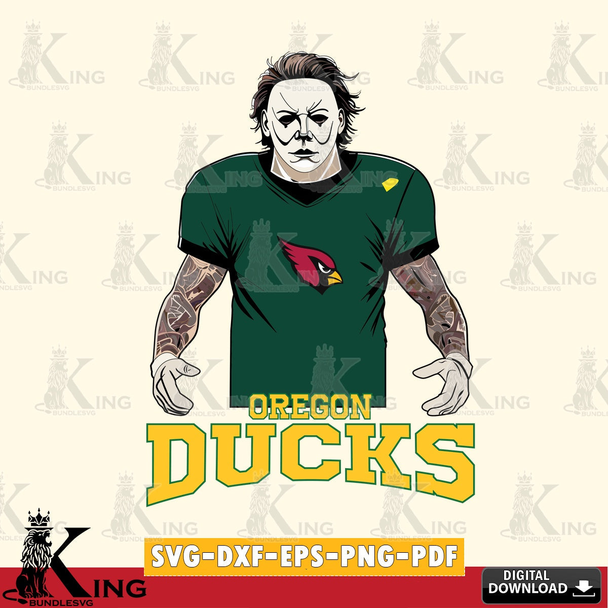 Unique artwork depicting an Oregon Ducks Michael Myers tattoo football, a digital clipart compatible with laser engraving and