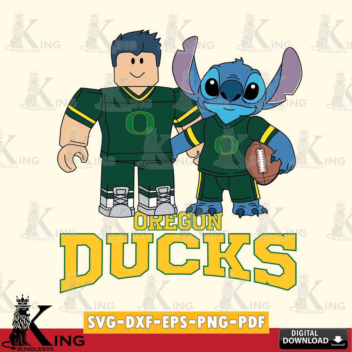 Unique artwork depicting Oregon Ducks Roblox & Stitch Football, a printable vector design for sublimation and crafts