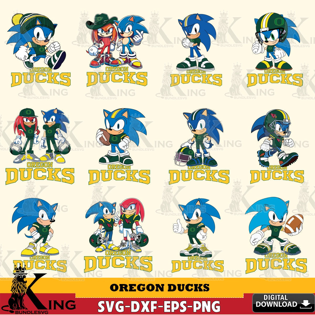 All-in-one bundle of Oregon Ducks Sonic & Knuckles NCAA Football vector illustration for POD merchandise and apparel
