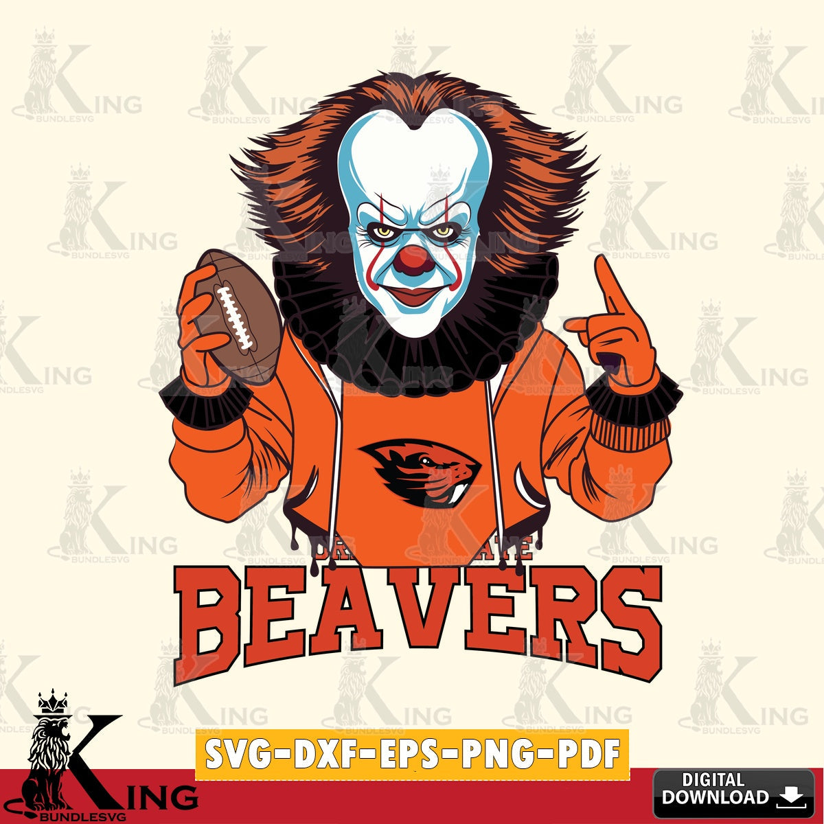 Vector design showing an Oregon State Beavers Pennywise player on a football, a digital clipart compatible with laser engraving