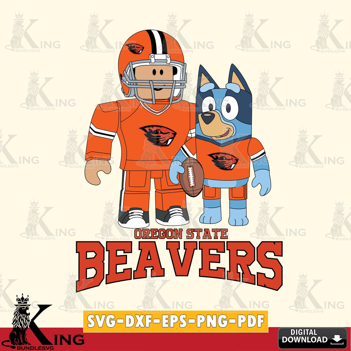 Hand-drawn style art of Oregon State Beavers Roblox & Bluey Football NCAA Cricut, file cut, digital, PNG clipart for sublimation