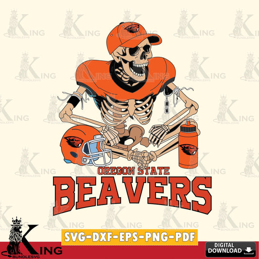 Modern graphic depicting an Oregon State Beavers skeleton player playing football, PNG clipart for sublimation printing and
