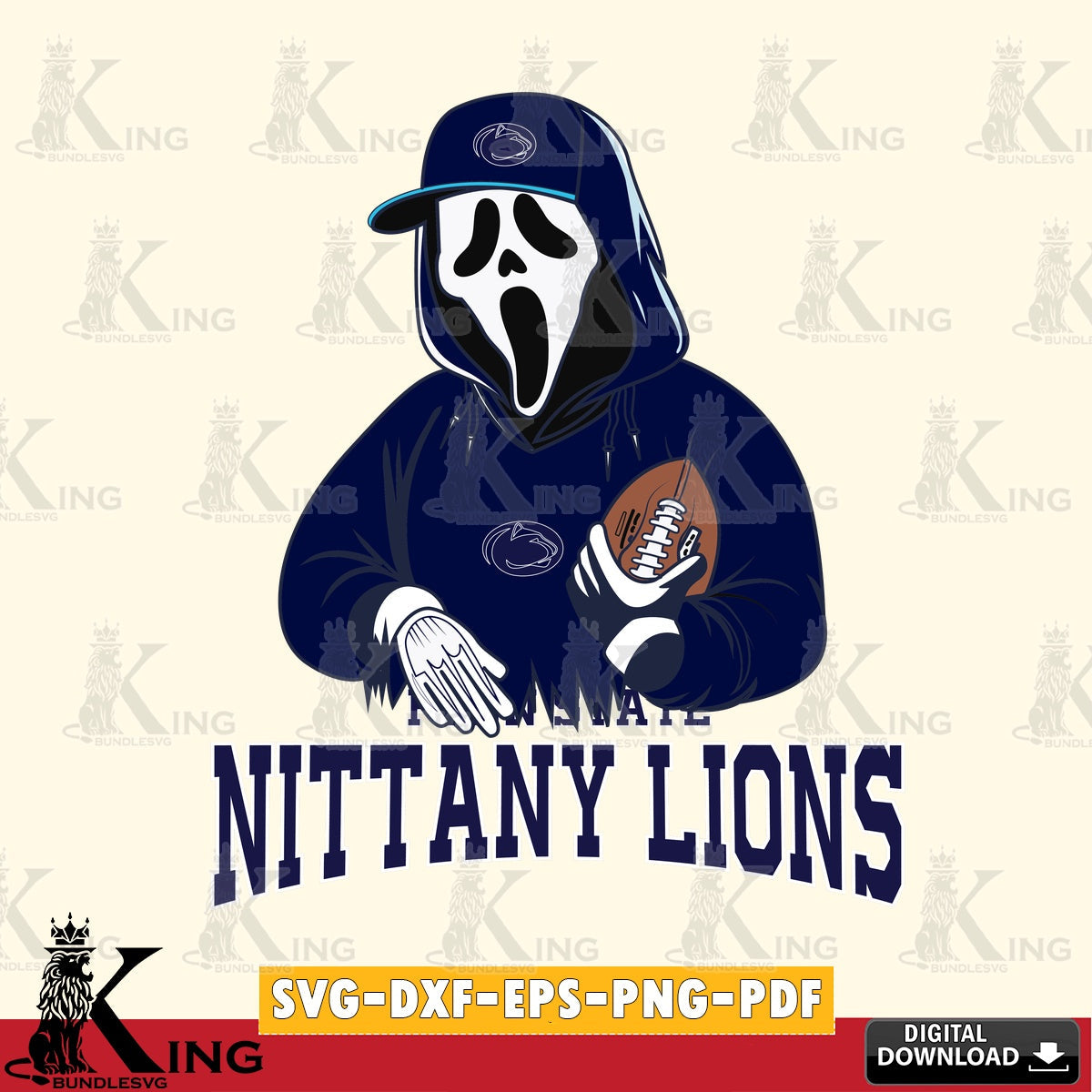 Hand-drawn style art of Penn State Nittany Lions Ghostface Scream player Football, For Cricut NCAA cut, SVG PNG design suitable
