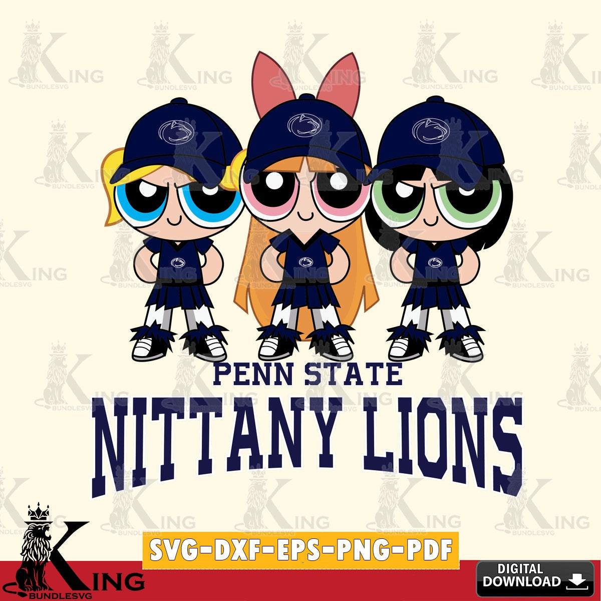 Unique artwork depicting Penn State Nittany Lions PowerPuff Girls football, digital clipart compatible with laser engraving and