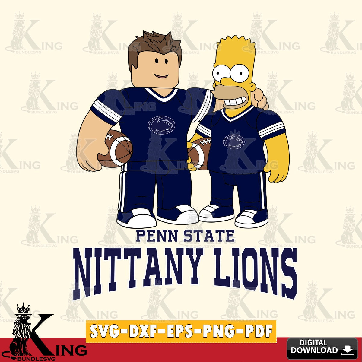Modern graphic depicting Penn State Nittany Lions Roblox & Homer Simpson Football, NCAA Cricut, cut vector illustration for POD