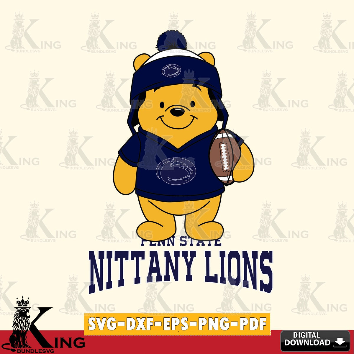 Detailed illustration of Penn State Nittany Lions Winnie the Pooh football player, a digital file for silhouette cameo and cricut