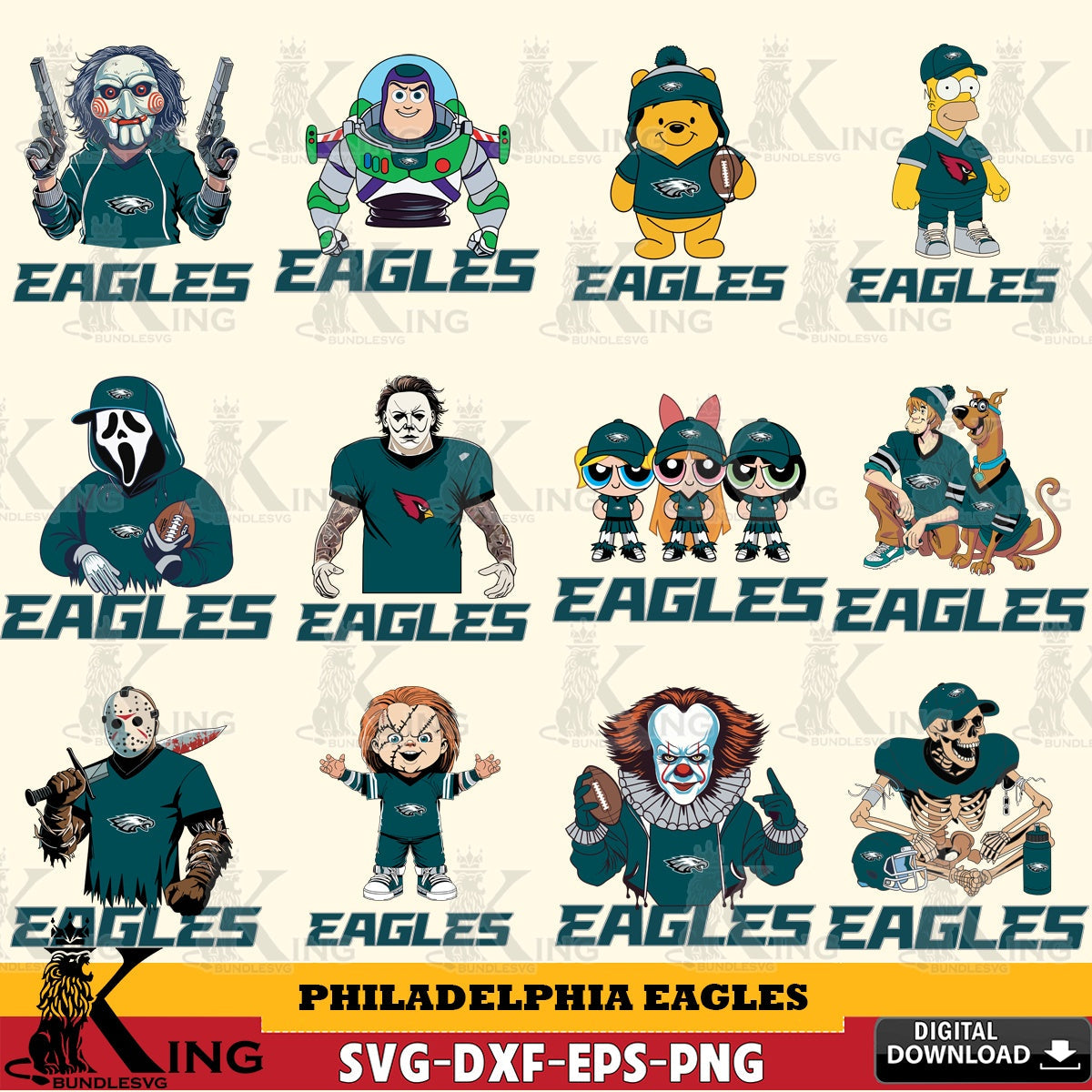 Exclusive set of Philadelphia Eagles Cartoon Football NFL Bundle SVG PNG files perfect for Cricut and Silhouette cutting