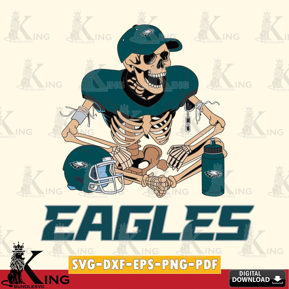 Digital download featuring a Philadelphia Eagles skeleton player playing football, PNG clipart for sublimation printing and