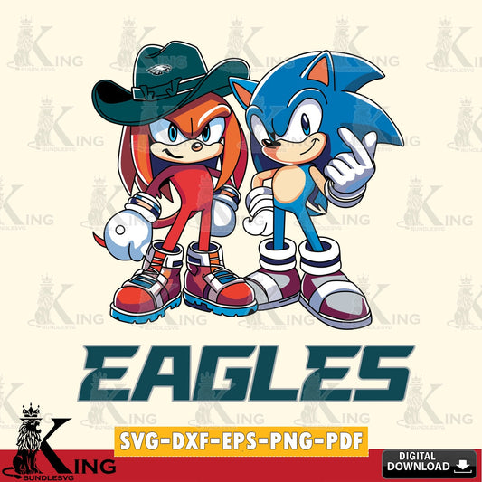 Modern graphic depicting Philadelphia Eagles Sonic & Knuckles football mascot, vector illustration for POD merchandise and
