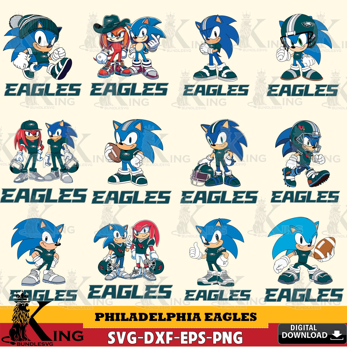 Premium pack containing Philadelphia Eagles Sonic & Knuckles NFL Football Bundle SVG PNG design suitable for Glowforge and laser