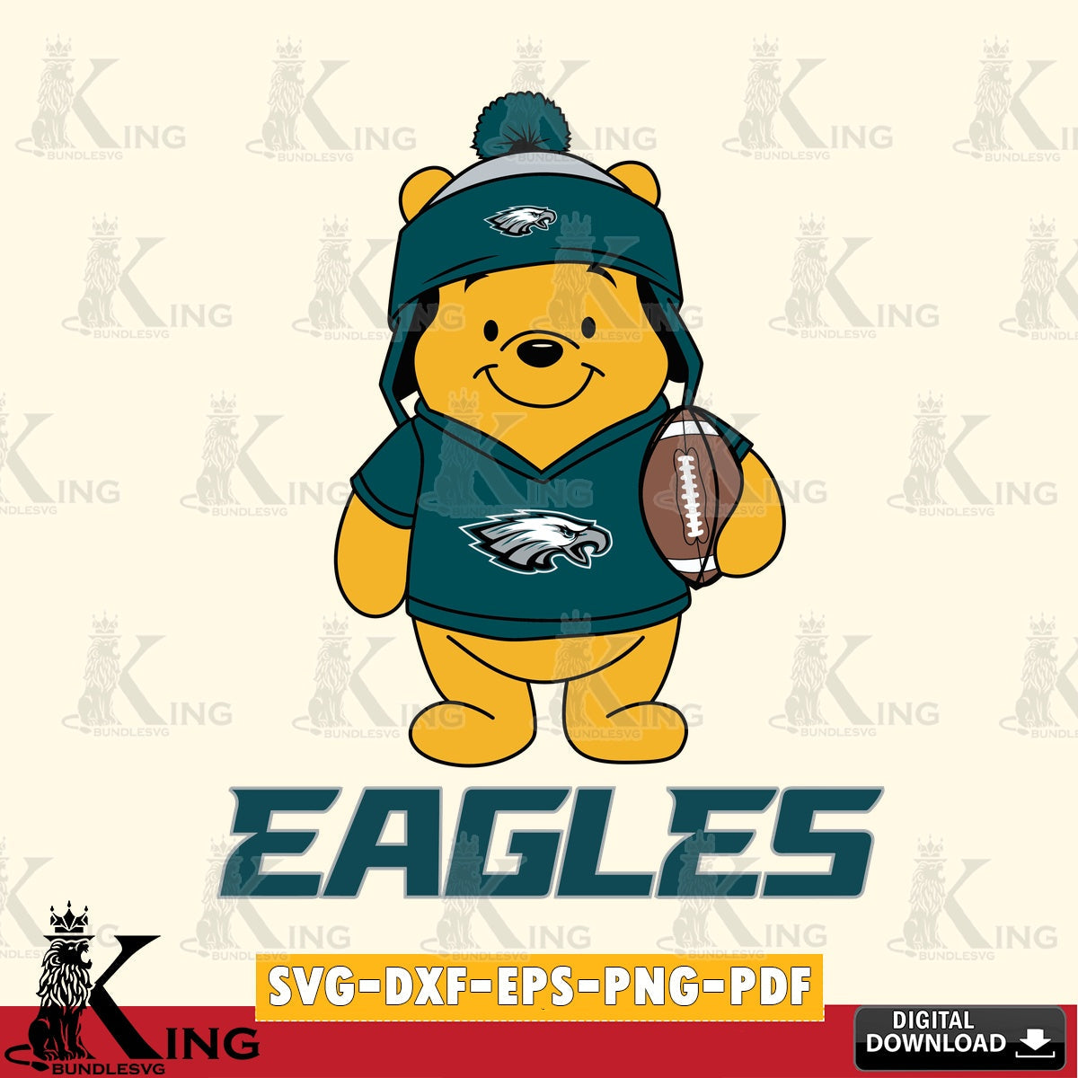 Custom design featuring Philadelphia Eagles Winnie the Pooh player football, vector illustration for POD merchandise and apparel
