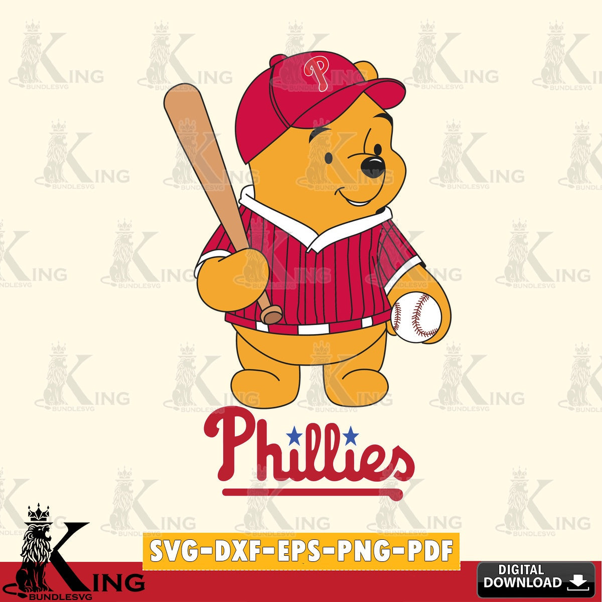 Eye-catching graphic of Philadelphia Phillies baseball batter Winnie the Pooh, versatile clip art for stickers, decals, and mugs.