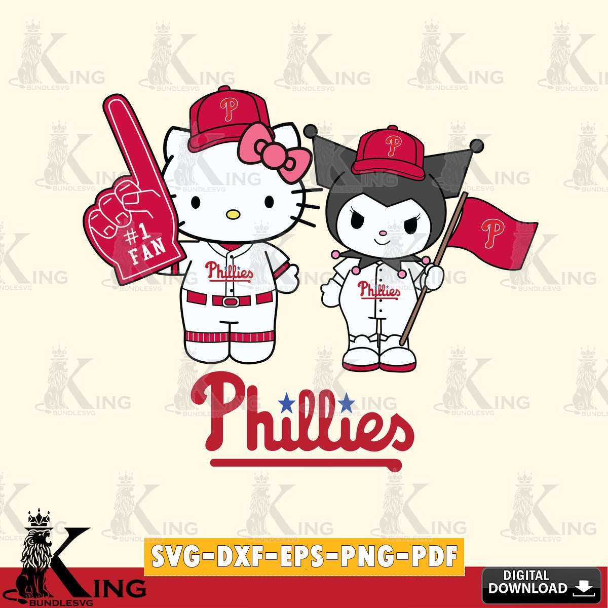 Premium pack containing Philadelphia Phillies Hello Kitty Kuromi baseball fan SVG cut file for personalized gifts and laser