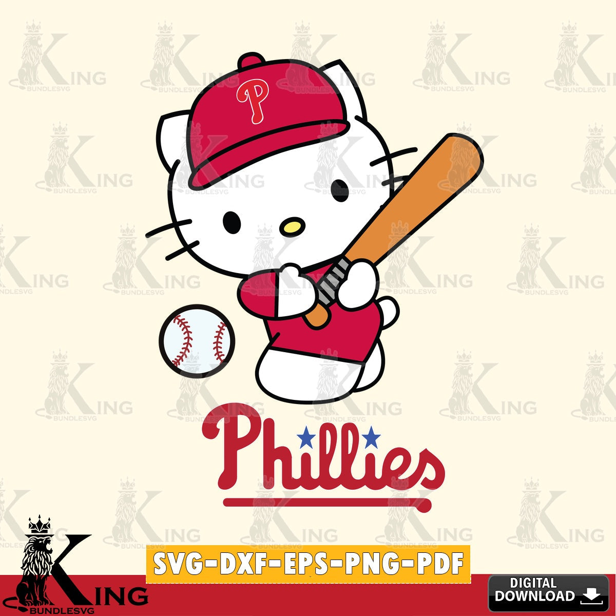 Ultimate set containing Philadelphia Phillies Hello Kitty playing baseball vector art for engraving, cutting, and printing