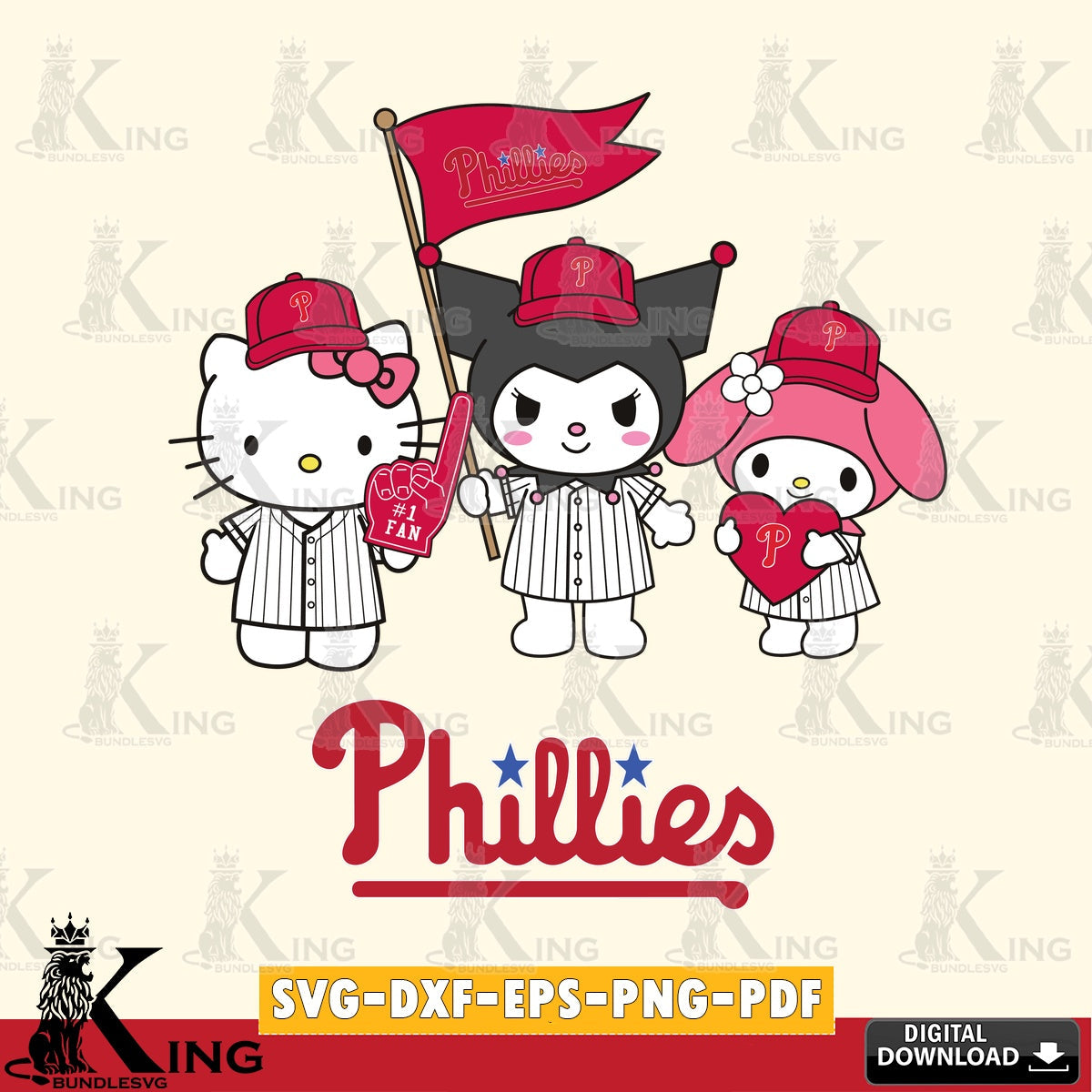 Hand-drawn style art of Philadelphia Phillies Kawaii friends Baseball vector art for engraving, cutting, and printing.