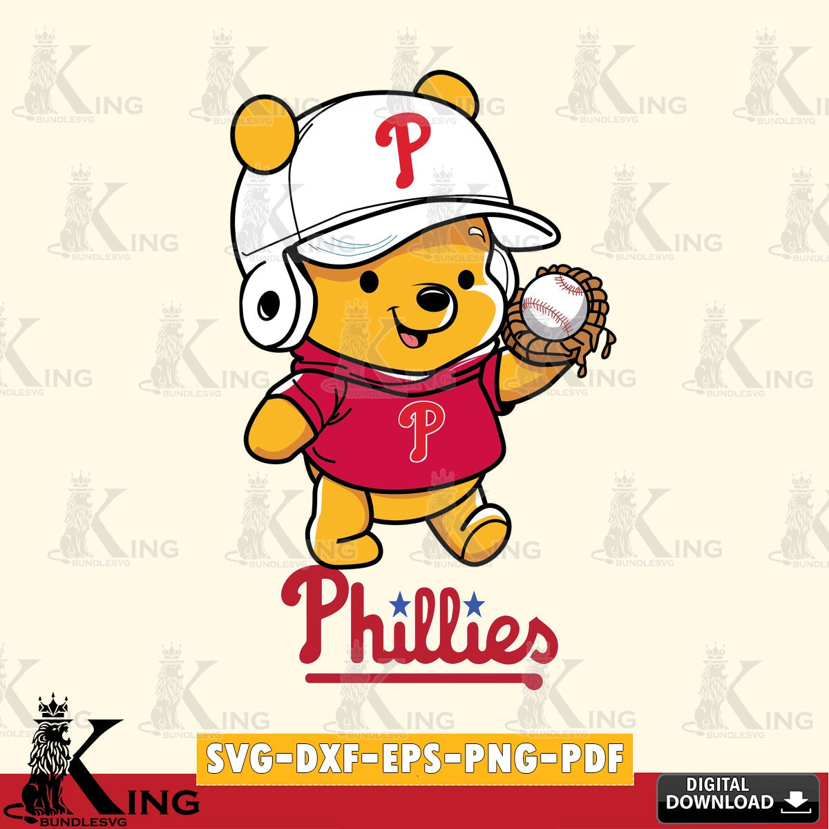 Vector design showing Philadelphia Phillies Pooh Bear baseball SVG cut file for personalized gifts and laser projects