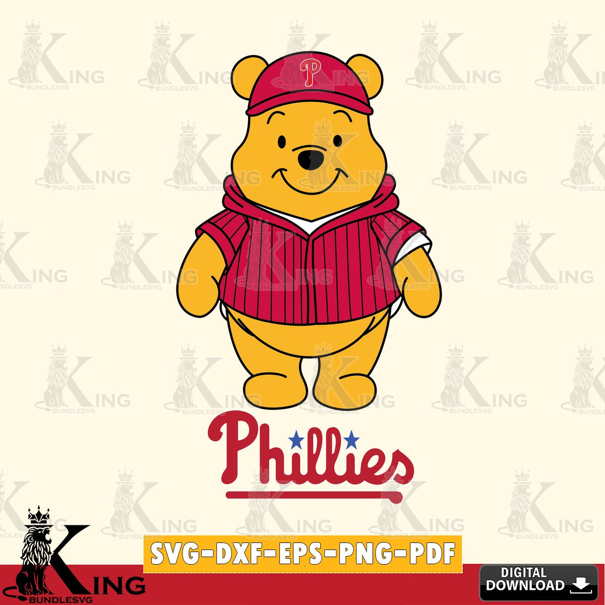 Eye-catching graphic of Philadelphia Phillies Pooh Bear baseball mascot vector art for engraving, cutting, and printing.