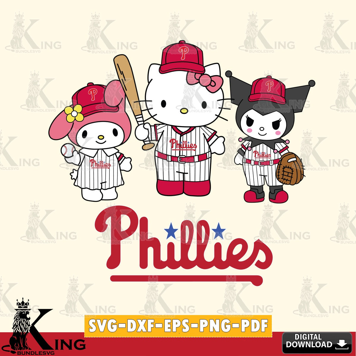 Complete bundle for Philadelphia Phillies Squad Kitty Kuromi Melody crafting file for iron-on transfer and vinyl decals