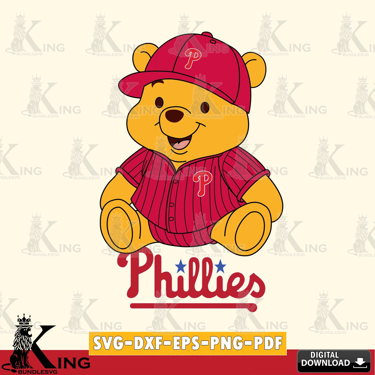 Artistic drawing of Philadelphia Phillies Winnie the Pooh cute baseball, digital file for silhouette cameo and cricut projects