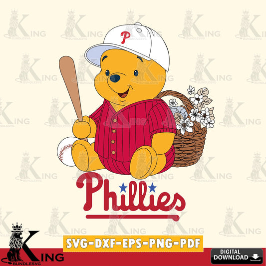Hand-drawn style art of Philadelphia Phillies Winnie the Pooh with flower baseball vector illustration for POD merchandise and