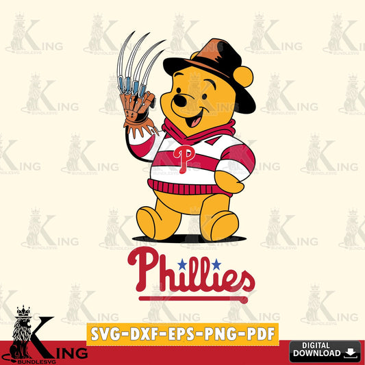 Hand-drawn style art of Philadelphia Phillies Winnie the Pooh Freddy Krueger baseball, cut file ideal for vinyl projects and