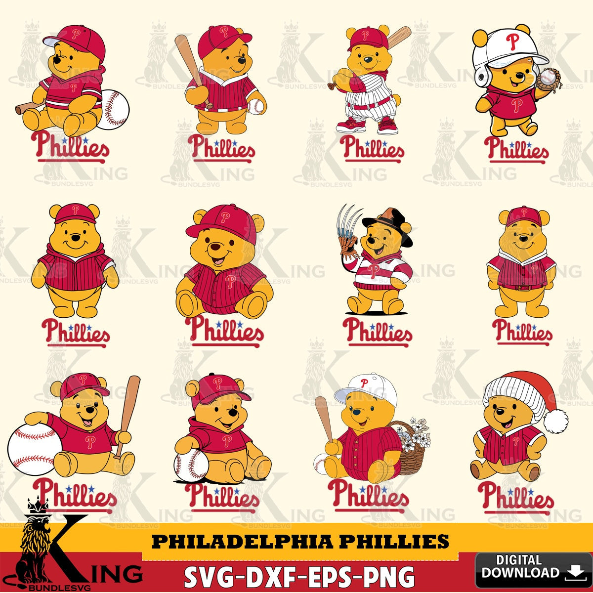 Exclusive set of Philadelphia Phillies Winnie the Pooh MLB baseball Bundle SVG PNG files perfect for Cricut and Silhouette cutting
