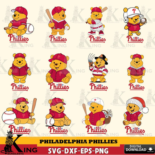 Exclusive set of Philadelphia Phillies Winnie the Pooh MLB baseball Bundle SVG PNG files perfect for Cricut and Silhouette cutting