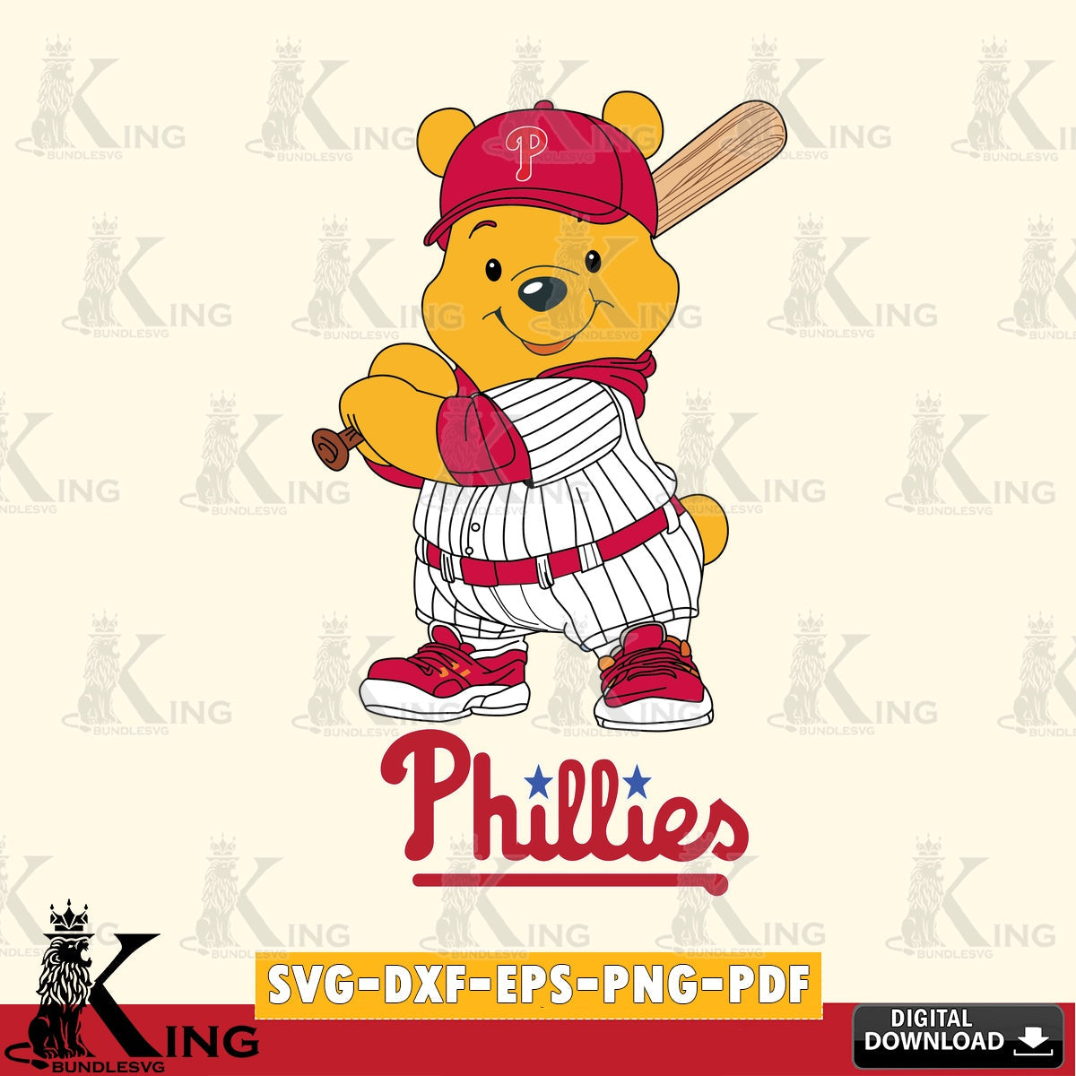 Vector design showing Philadelphia Phillies Winnie the Pooh player baseball, crafting file for iron-on transfer and vinyl decals