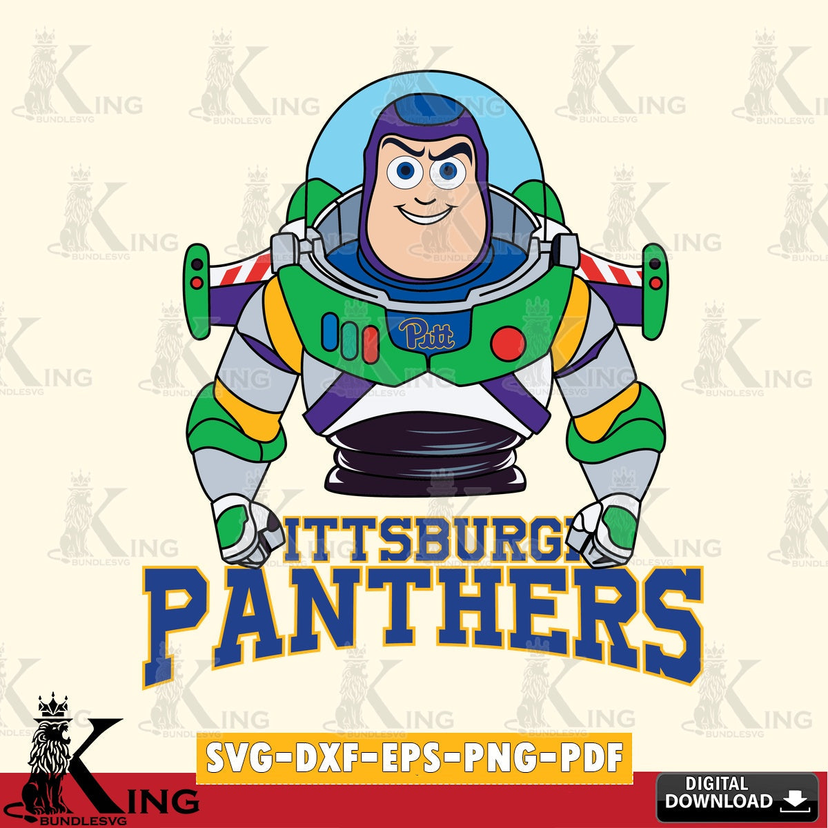 Detailed illustration of Pittsburgh Panthers Buzz Lightyear Football, NCAA File cut, SVG PNG files perfect for Cricut and