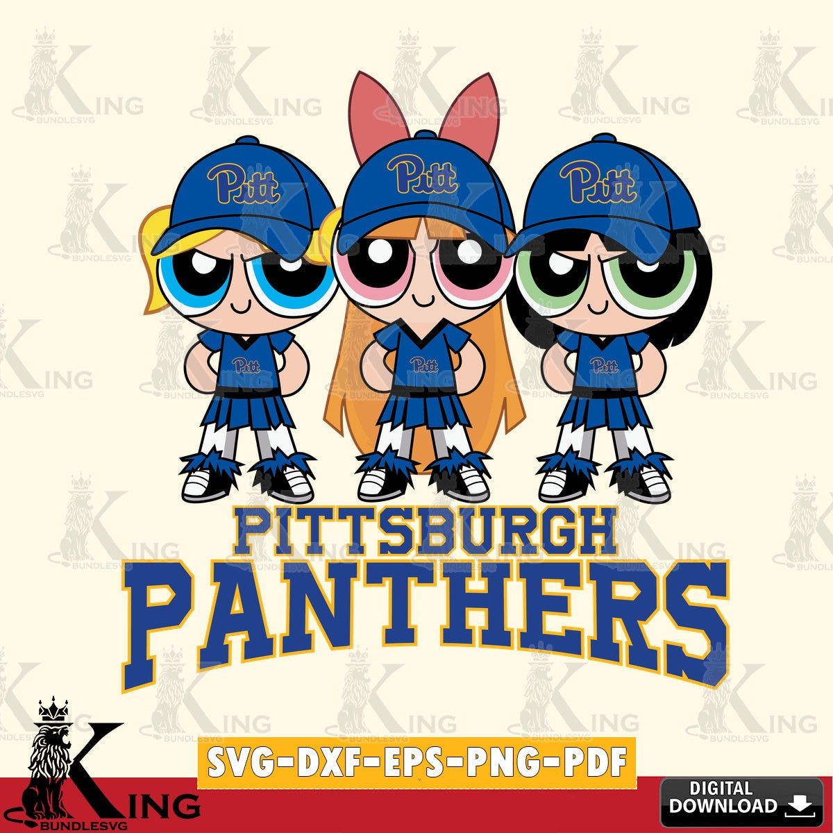 Detailed illustration of Pittsburgh Panthers PowerPuff Girls football, PNG clipart for sublimation printing and graphic design