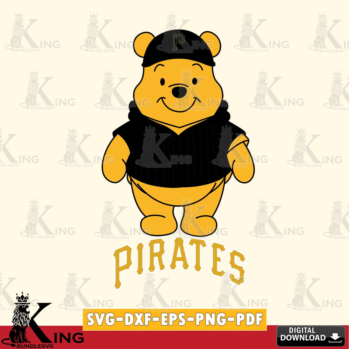Digital clipart of Pittsburgh Pirates Pooh Bear baseball mascot, versatile clip art for stickers, decals, and mugs.
