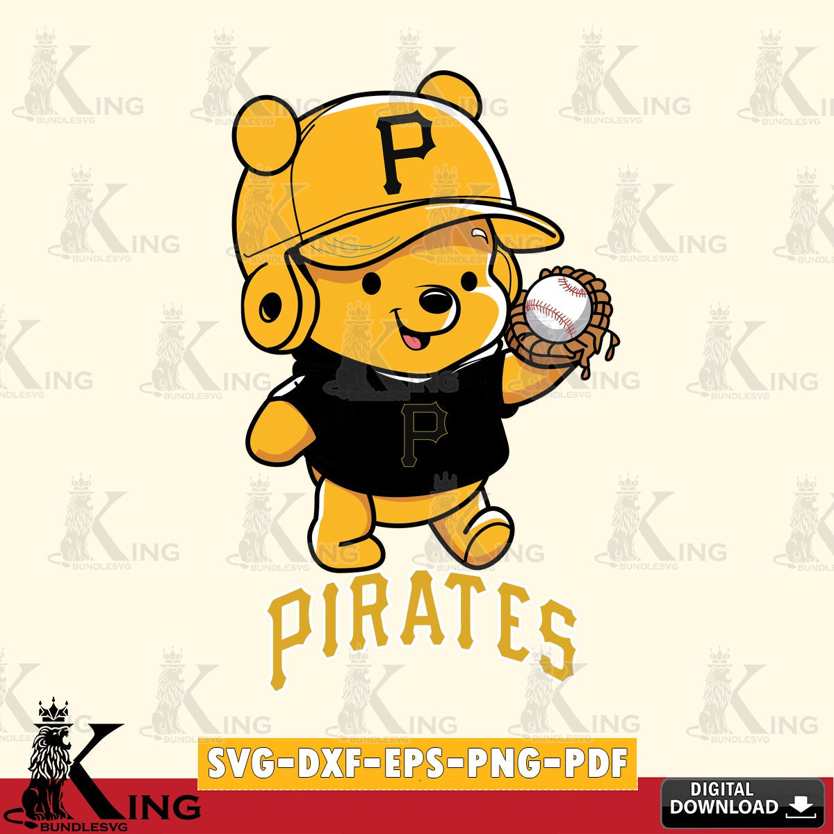 Unique artwork depicting a Pittsburgh Pirates Pooh Bear baseball, cut file ideal for vinyl projects and T-shirt printing