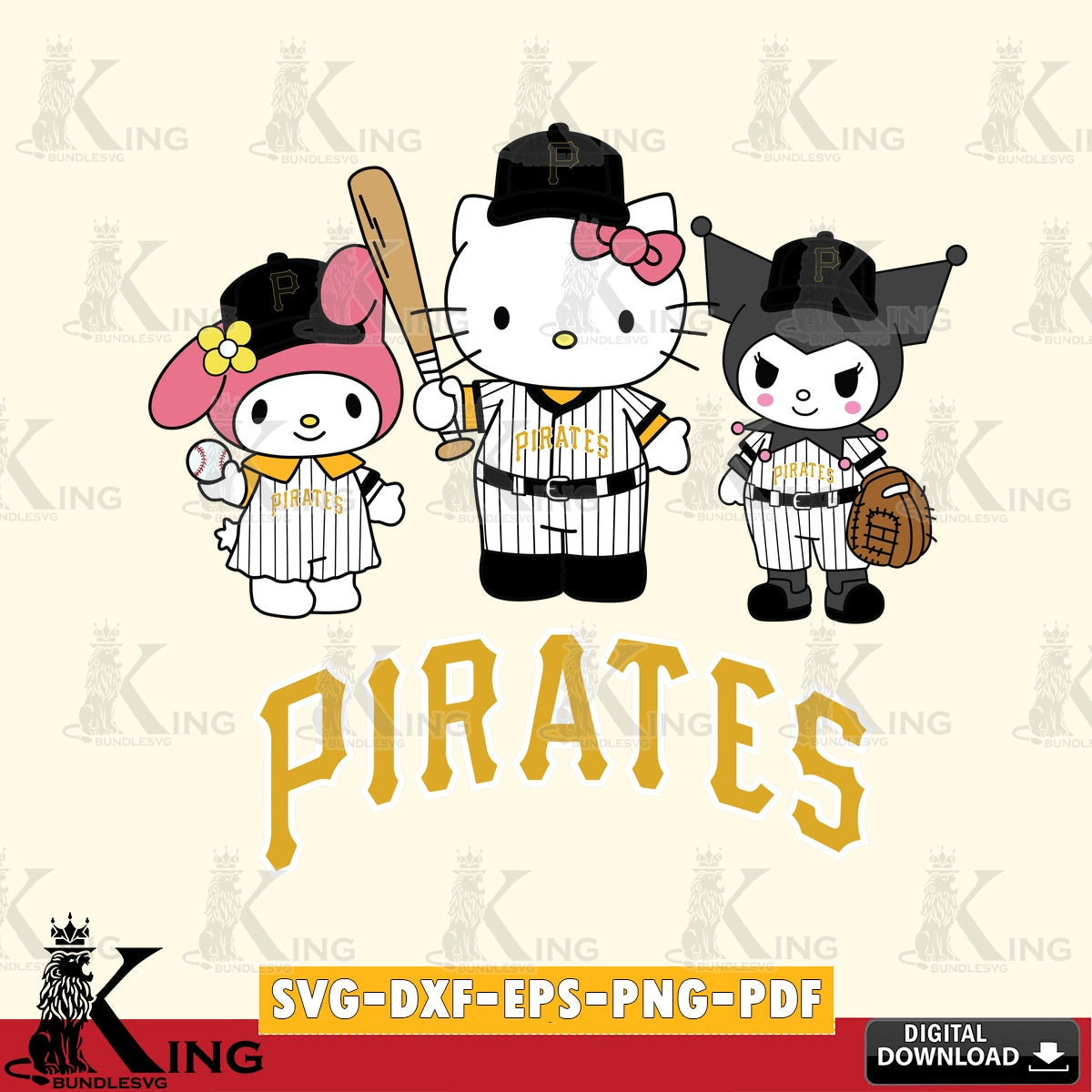 All-in-one bundle of Pittsburgh Pirates Squad kitty kuromi melody vector illustration for POD merchandise and apparel