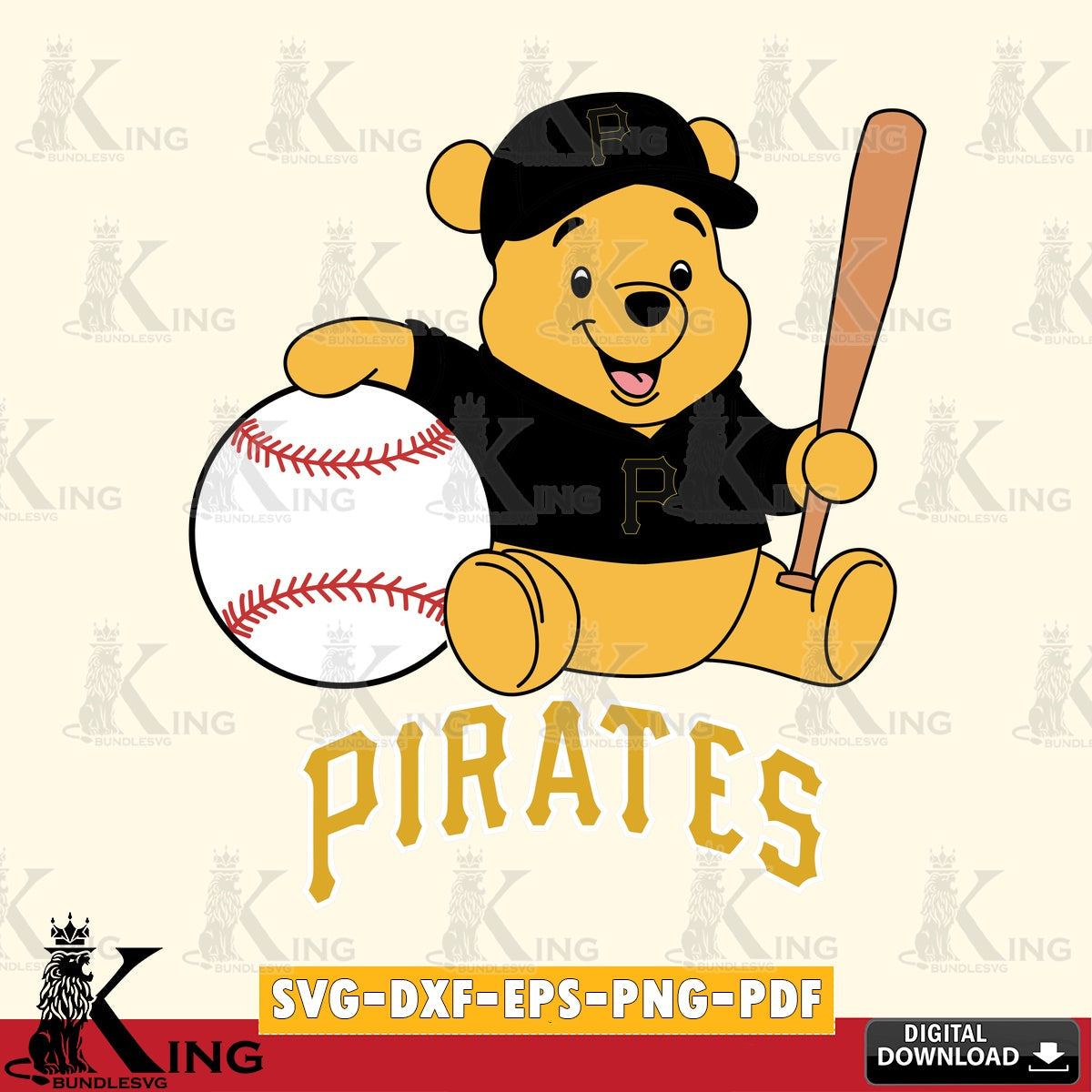 Artistic drawing of Pittsburgh Pirates Winnie the Pooh baseball star player SVG cut file for personalized gifts and laser projects